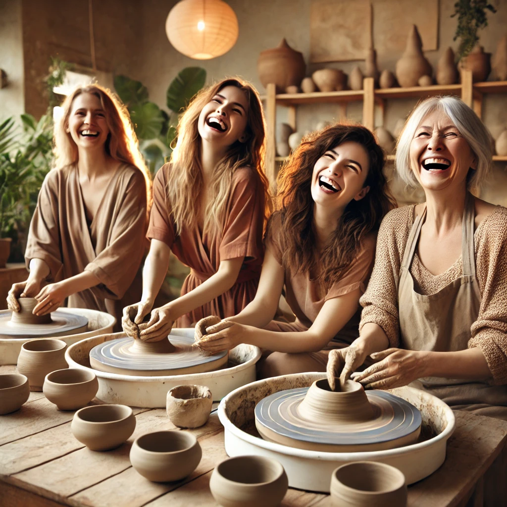 femme rigolant durant un atelier poterie