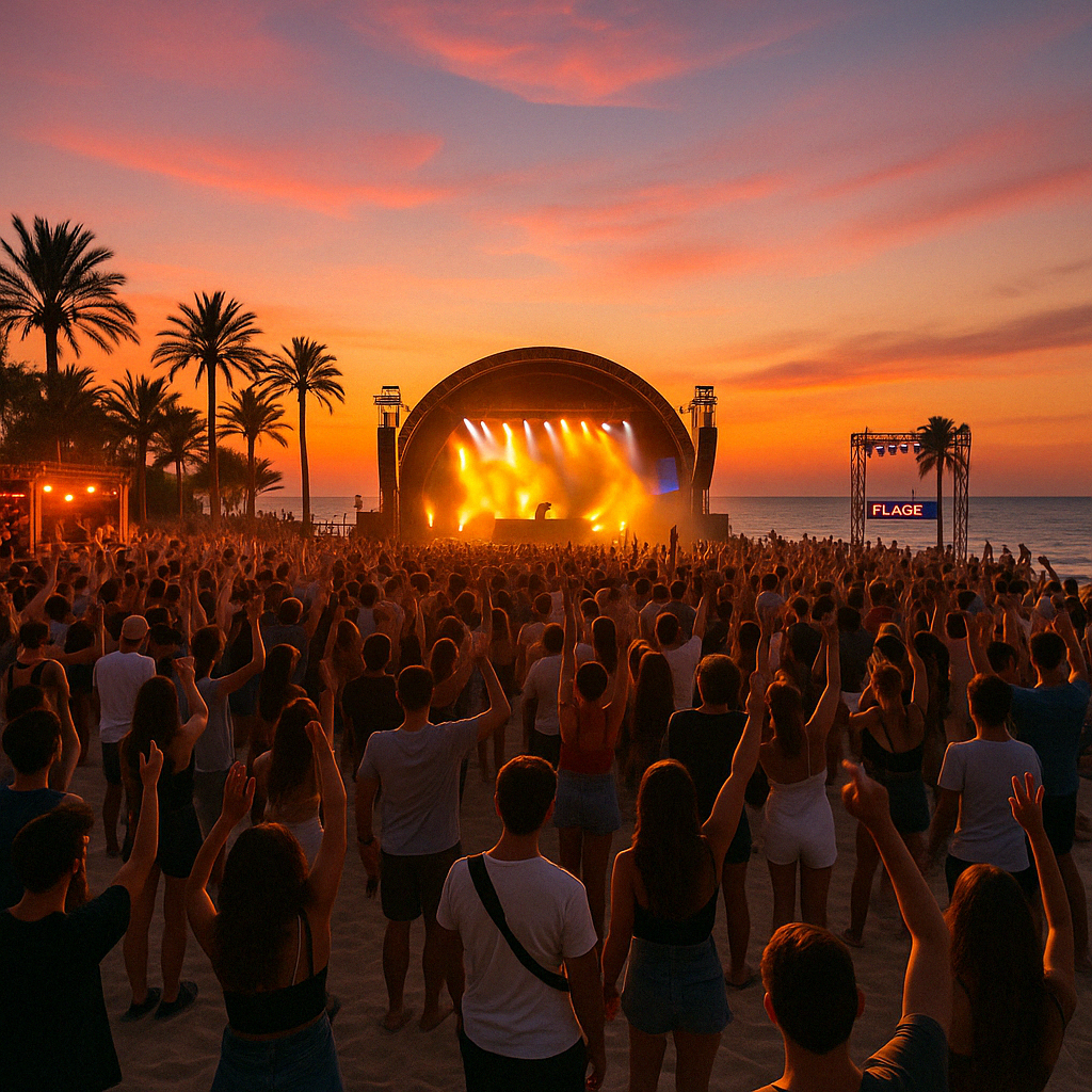 festival TIC TAC avec beaucoup, de monde sur la plage pour le festival hyères 2025 une scène et le levé du soleil
