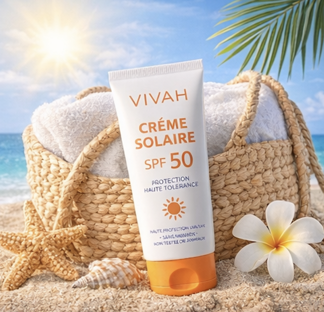 Crème solaire VIVAH SPF50 au bord de la mer