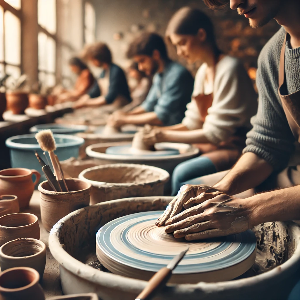 Plusieurs femmes entrain de faire de la poterie.