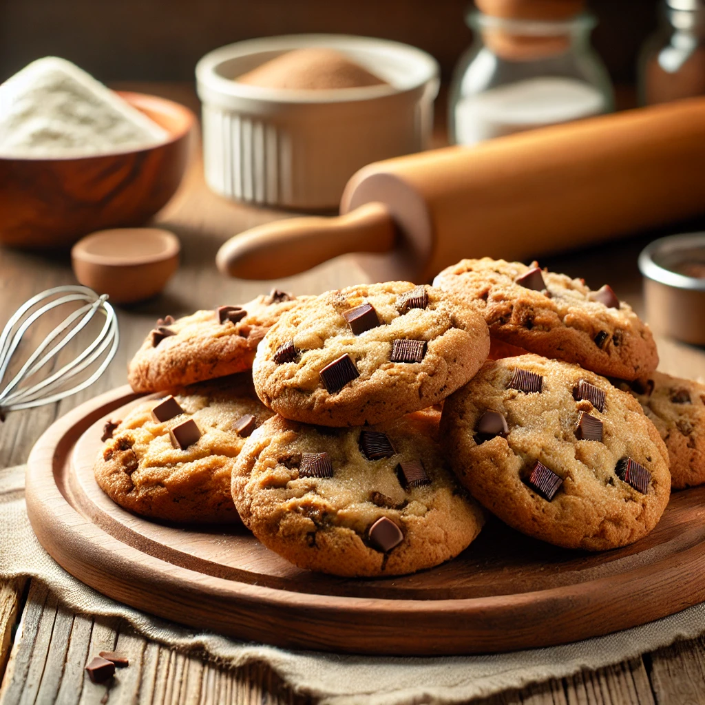 DALL·E 2025-01-05 22.42.45 - A delicious batch of freshly baked cookies displayed on a wooden kitchen countertop, showcasing their soft and chewy texture. The cookies are golden b